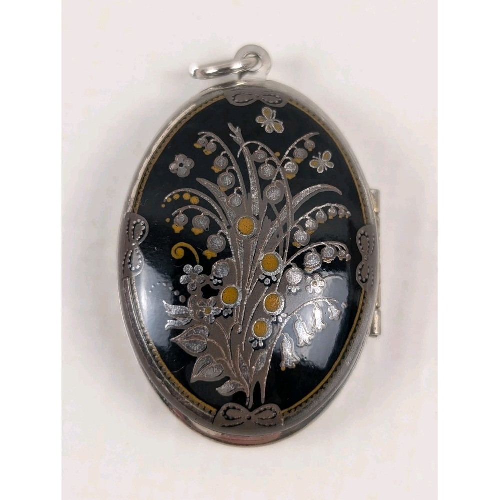 Vintage Michaela Frey Lily of the Valley Locket Black Silver Tone Broken Clasp